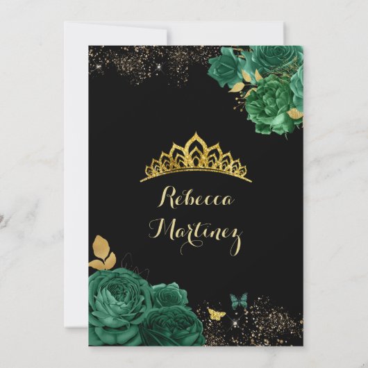 Emerald Green Rose und Black Mis 15 Años Einladung (Rückseite)