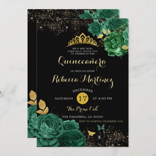 Emerald Green Rose und Black Mis 15 Años Einladung (Vorne/Hinten)