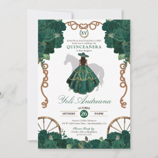 Emerald Green Rose Western Quinceanera Einladung (Vorderseite)