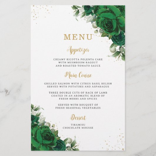 Emerald Green Roses Floral Blumen Menüblatt Flyer (Vorne)