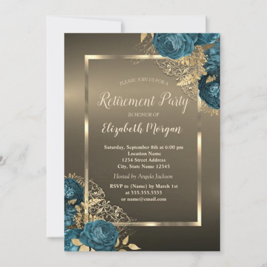  Emerald Green Roses Frame Brown Retirement Party Einladung (Vorderseite)