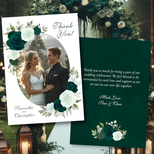 Emerald Green Roses Oval Photo Elegant Wedding Dankeskarte