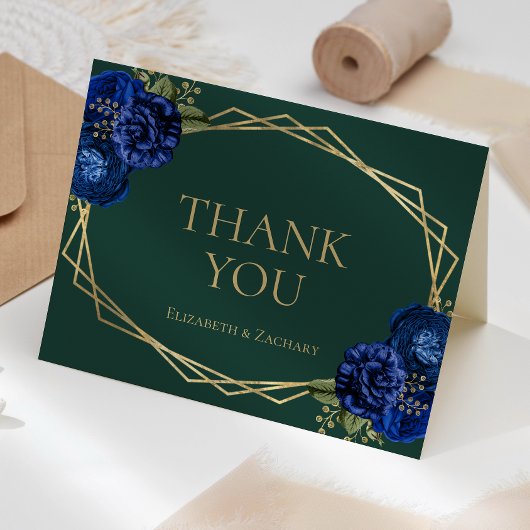Emerald Green Royal Blue Floral Gold Geo Wedding Dankeskarte