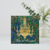 Emerald Green Royal Blue Gold Chandelier Party Einladung (Stehend Vorderseite)