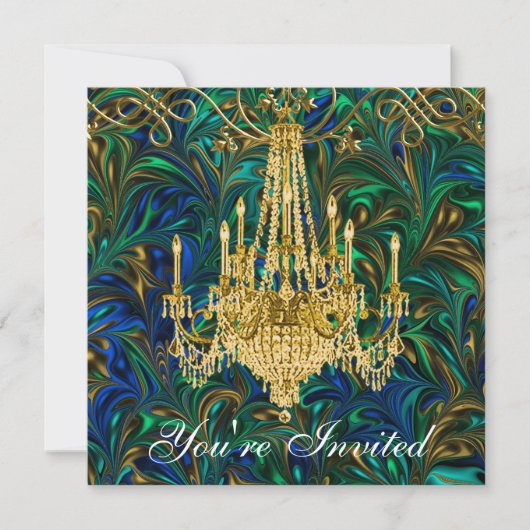 Emerald Green Royal Blue Gold Chandelier Party Einladung (Vorderseite)