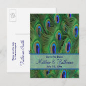 Emerald Green Royal Blue Peacock Feathers Wedding Ankündigungspostkarte (Vorne/Hinten)