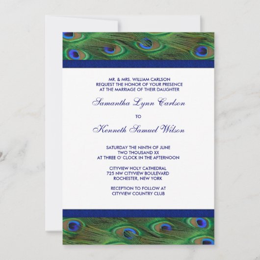 Emerald Green Royal Blue Peacock Feathers Wedding Einladung (Vorderseite)