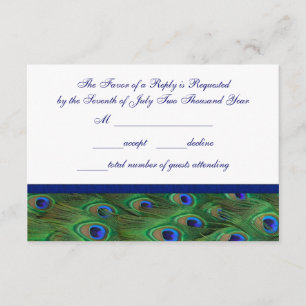 Emerald Green Royal Blue Peacock Feathers Wedding RSVP Karte