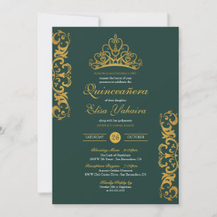Emerald Green Royal Gold Elegante Crown Quinceñera Einladung