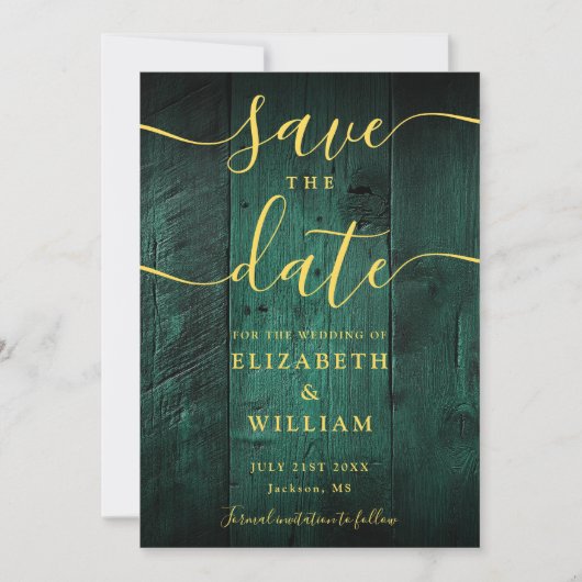 Emerald Green Rustic Barn Wood Boho Wedding Save The Date (Vorderseite)