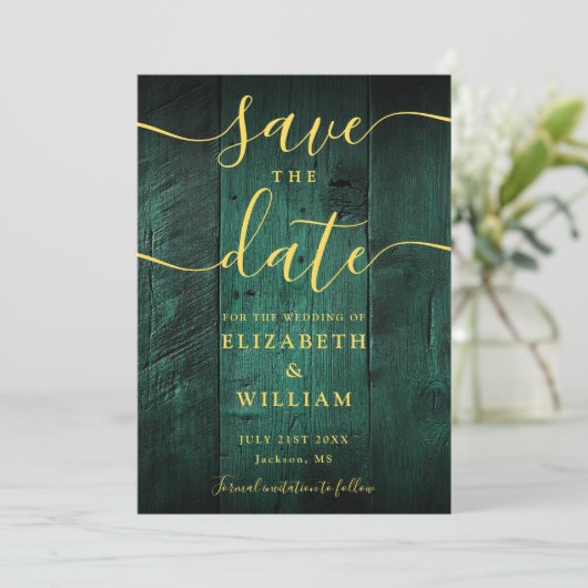 Emerald Green Rustic Barn Wood Boho Wedding Save The Date (Stehend Vorderseite)