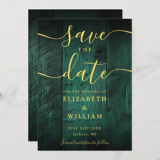 Emerald Green Rustic Barn Wood Boho Wedding Save The Date (Vorne/Hinten)