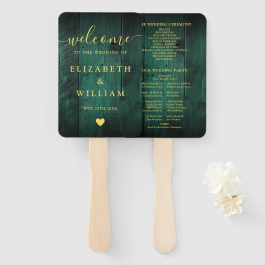 Emerald Green Rustic Barn Wood Wedding Program Fächer (Vorne und Hinten)