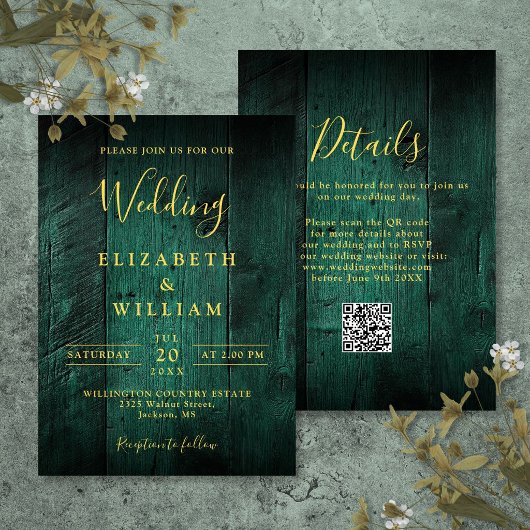 Emerald Green Rustic Barn Wood Wedding QR Code Einladung