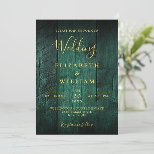 Emerald Green Rustic Barn Wood Wedding QR Code Einladung (Stehend Vorderseite)