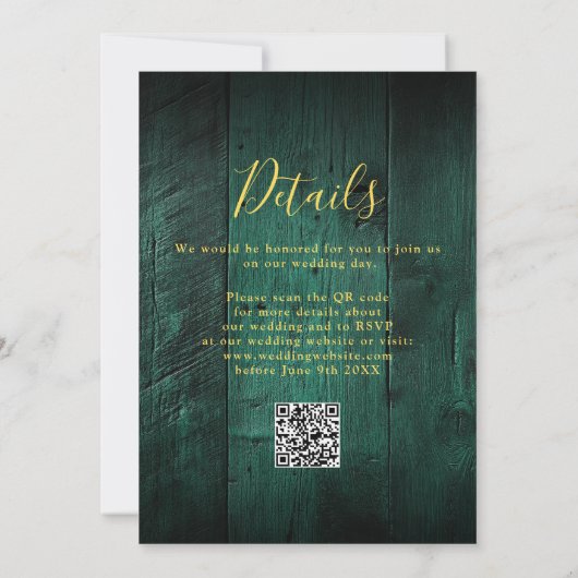 Emerald Green Rustic Barn Wood Wedding QR Code Einladung (Rückseite)