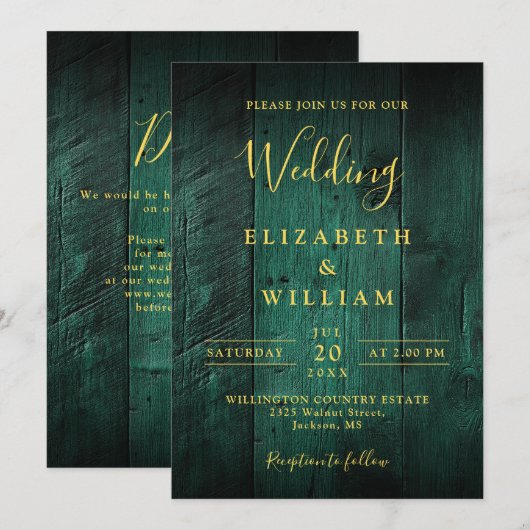 Emerald Green Rustic Barn Wood Wedding QR Code Einladung (Vorne/Hinten)