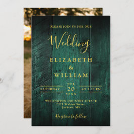 Emerald Green Rustic Boho Barn Wood Foto Wedding Einladung