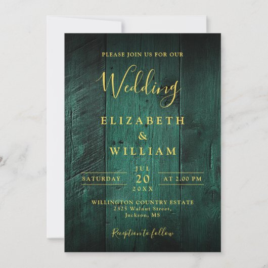 Emerald Green Rustic Boho Barn Wood Wedding Einladung (Vorderseite)