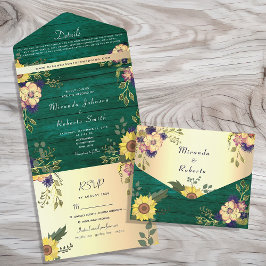 Emerald Green Rustic Floral Wedding All In One Einladung