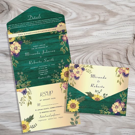 Emerald Green Rustic Floral Wedding All In One Einladung