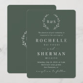 Emerald Green Rustic Leaf Simple Monogram Wedding Einladung (Vorne/Hinten)