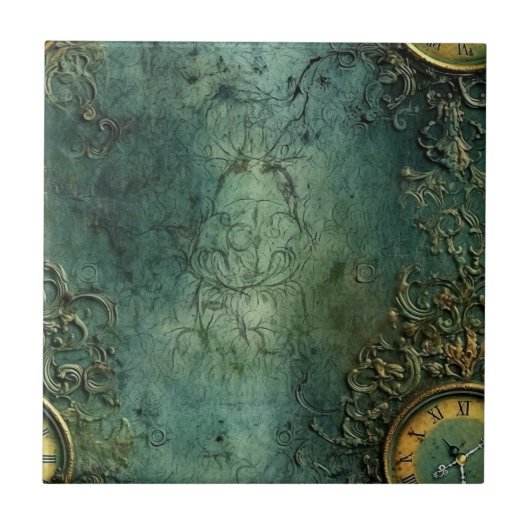 Emerald Green Rustic Steampunk Clock (8) Fliese (Vorderseite)