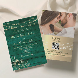 Emerald Green Rustic Wood Wedding QR Code Einladung