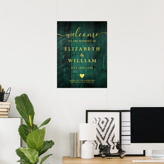 Emerald Green Rustic Wood Wedding Willkommenszeich Poster (Heimbüro)
