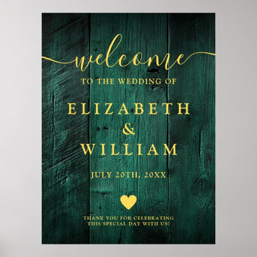 Emerald Green Rustic Wood Wedding Willkommenszeich Poster (Vorne)