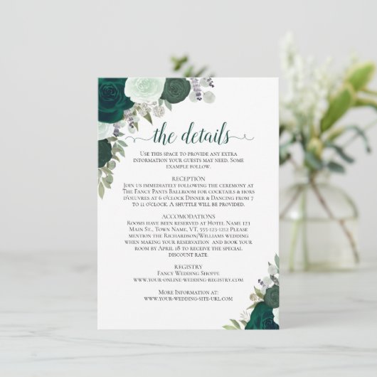 Emerald Green & Sage Rose Rustikale Hochzeitdetail Begleitkarte (Stehend Vorderseite)