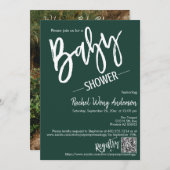 Emerald Green Script Baby Dusche QR Code Foto Einladung (Vorne/Hinten)