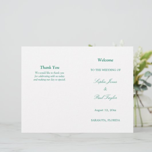 Emerald Green Script Bi-Fold Wedding Program (Stehend Vorderseite)