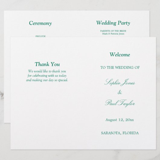 Emerald Green Script Bi-Fold Wedding Program (Vorne/Hinten)