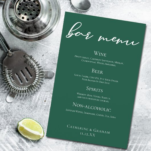Emerald Green Script Forest Wedding Bar Menu
