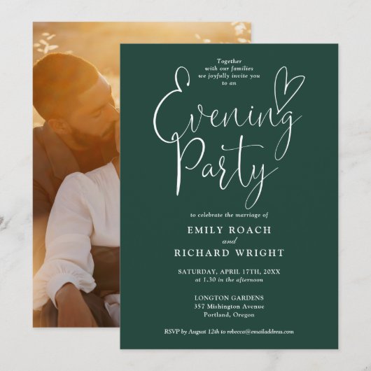 Emerald Green Script Foto Wedding Abend Party Einladung (Vorne/Hinten)