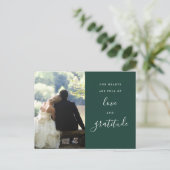 Emerald Green Script Foto Wedding Vielen Dank Postkarte (Stehend Vorderseite)