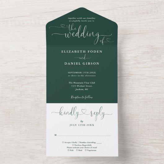 Emerald Green Script Hearts Minimalistisch Wedding All In One Einladung (Innen Boden)
