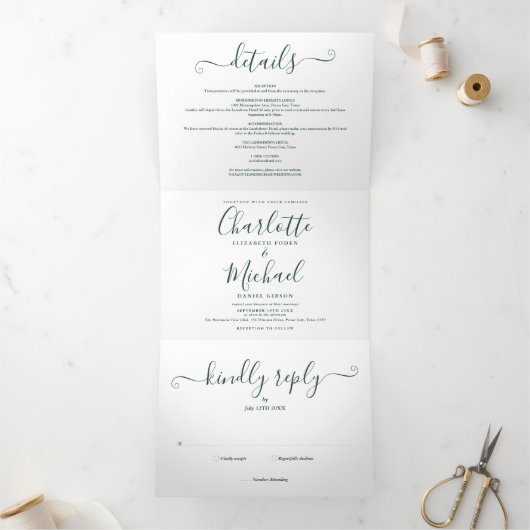Emerald Green Script Minimalistisch Foto Wedding Dreifach Gefaltete Einladung (Innenseite)