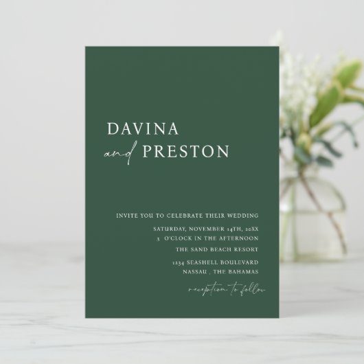 Emerald Green Script Modern Simple Foto Wedding Einladung (Stehend Vorderseite)