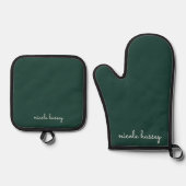 Emerald Green Script | Stilvolle Monogram Modern Ofenhandschuh & Topflappen-Set (Vorderseite)