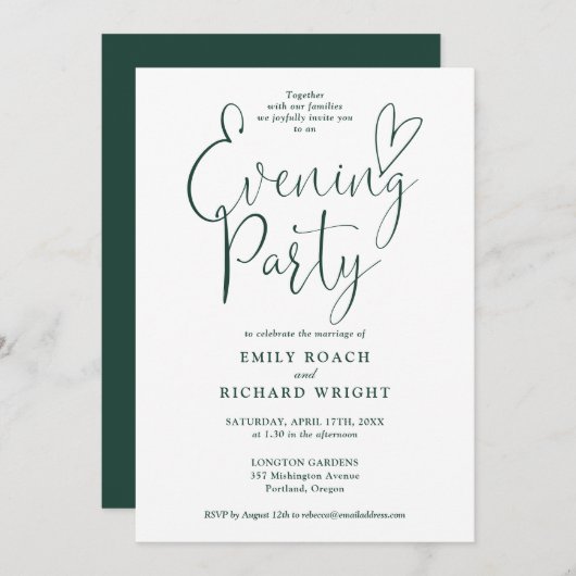Emerald Green Script Wedding Abend Party Einladung (Vorne/Hinten)