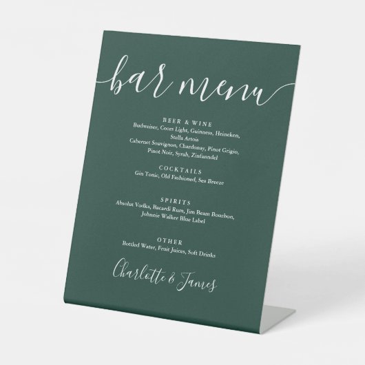 Emerald Green Signature Script Wedding Bar Menu Sockelschild (Vorderseite)