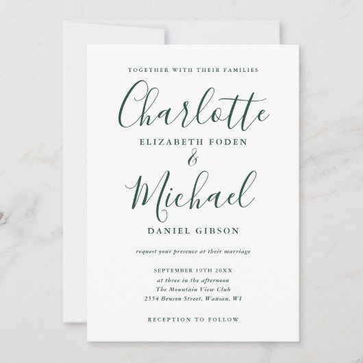 Emerald Green Signature Script Wedding Einladung (Vorderseite)