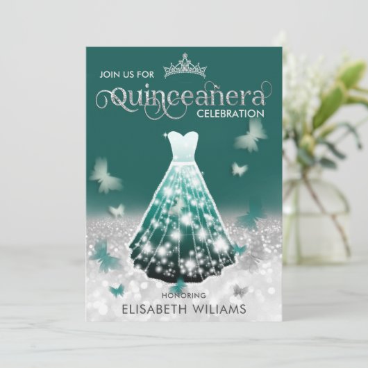 Emerald Green silber Glitzer Kleid Schmetterling I Einladung (Stehend Vorderseite)