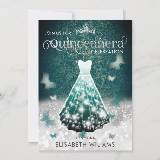 Emerald Green Silber Glitzer Schmetterling Einladung (Vorderseite)