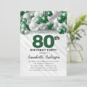 Emerald Green Silver Balloon Glitzer 80. Geburtsta Einladung (Stehend Vorderseite)