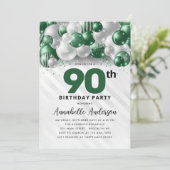 Emerald Green Silver Balloon Glitzer 90. Geburtsta Einladung (Stehend Vorderseite)