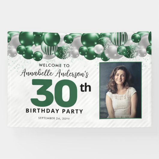 Emerald Green Silver Balloon Glitzer Foto Willkomm Banner (Horizontal)