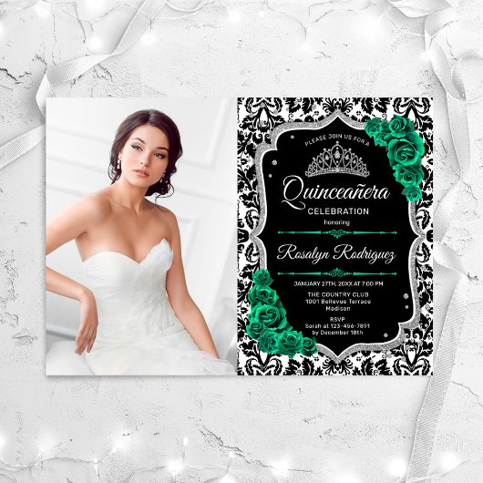 Emerald Green Silver Black Foto Quinceanera Einladung